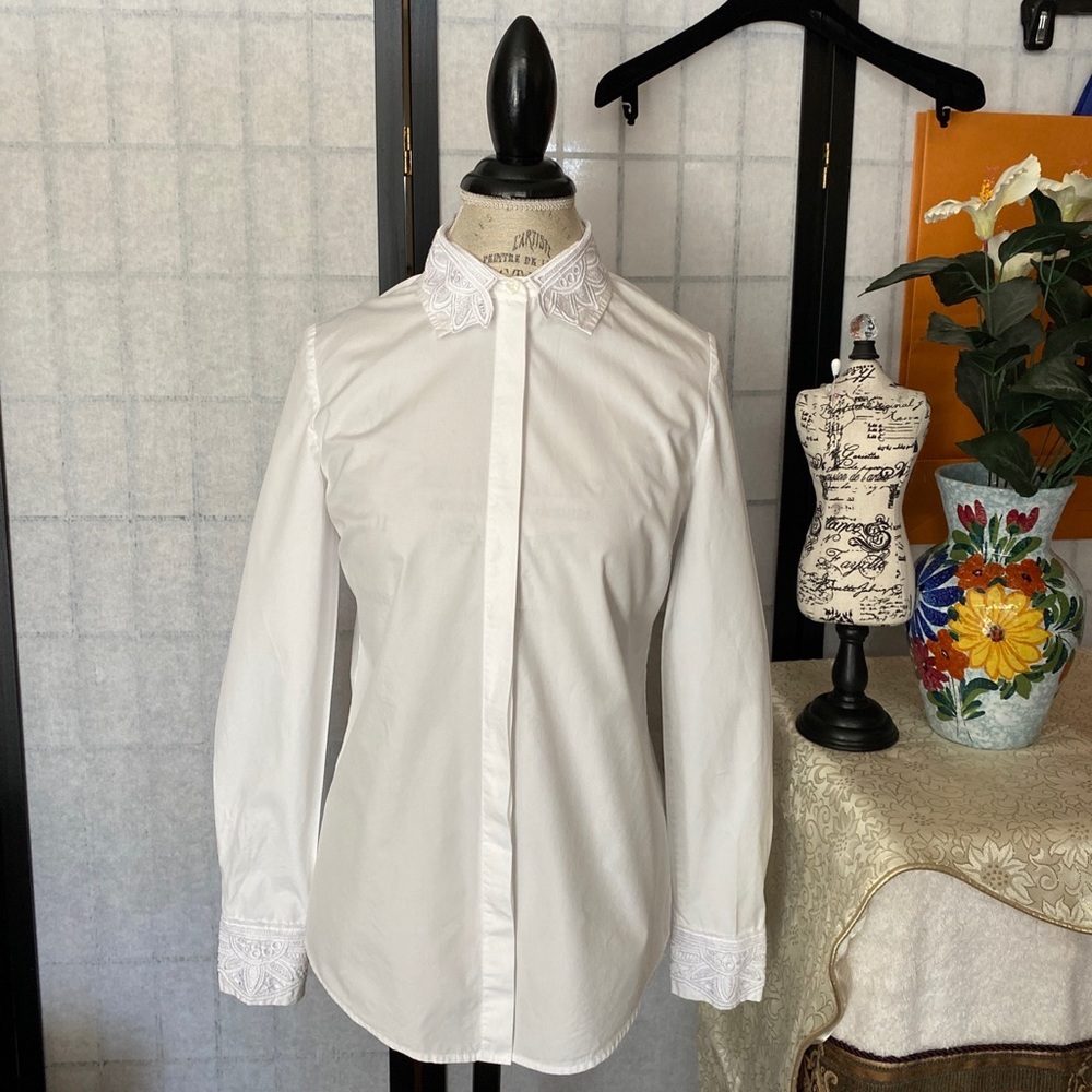 Tory Burch Women S White Soutache Lace Trimmed Hidden Placket Cotton Blouse/Top